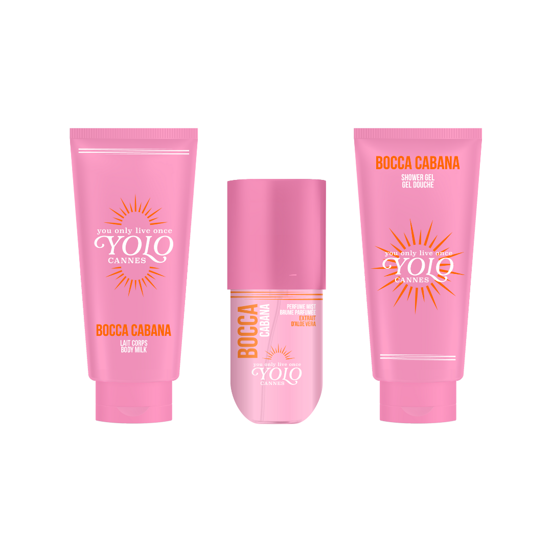 YOLO CANNES - Coffret Bocca Cabana - Brume Parfumée 90ml, Gel Douche 100ml & Lait Corps 100ml