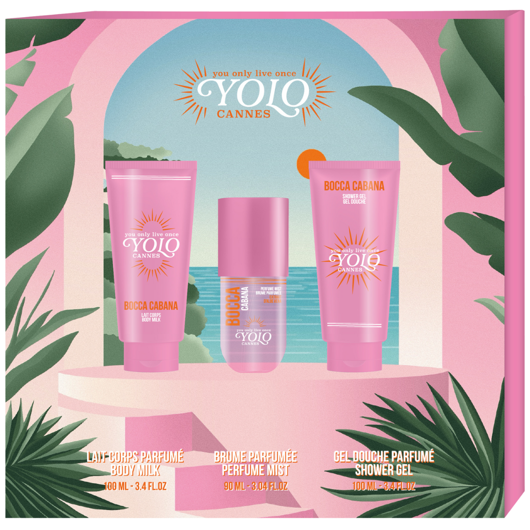 YOLO CANNES - Coffret Bocca Cabana - Brume Parfumée 90ml, Gel Douche 100ml & Lait Corps 100ml