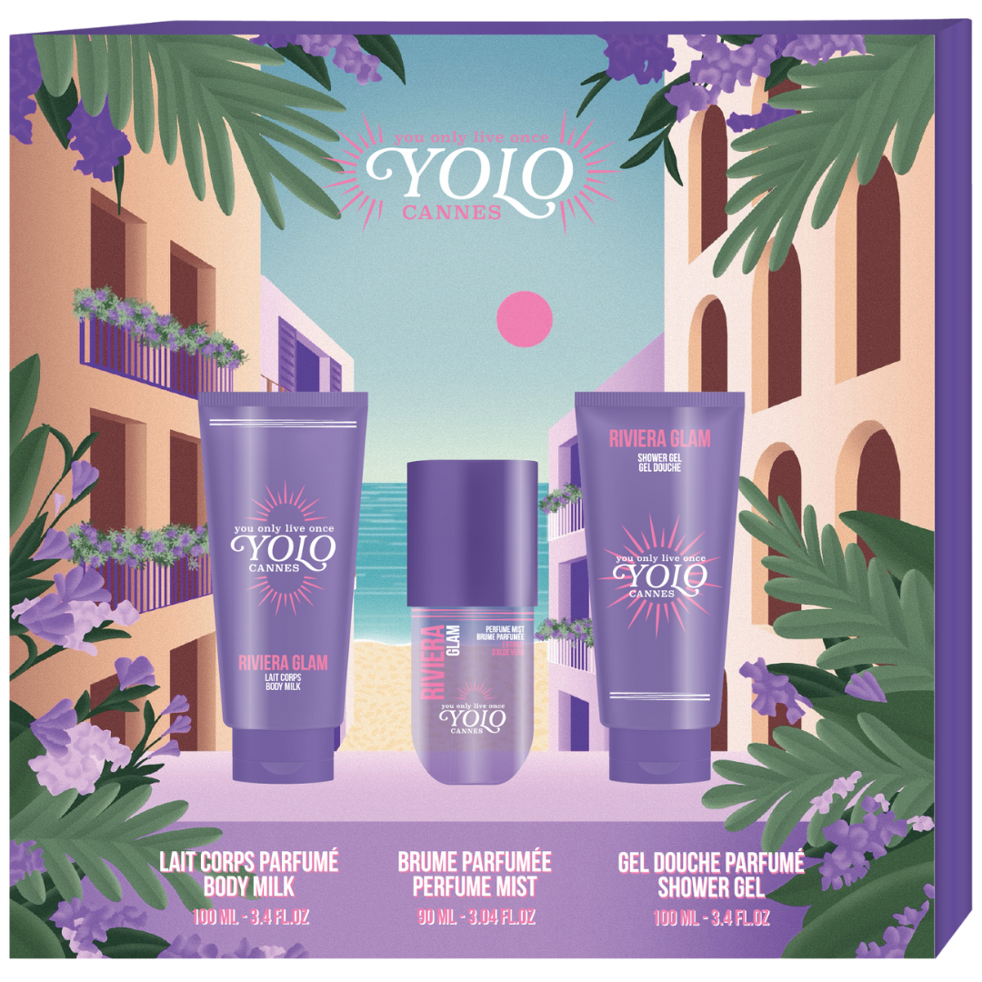 YOLO CANNES - Coffret Riviera Glam - Brume Parfumée 90ml, Gel Douche 100ml & Lait Corps 100ml